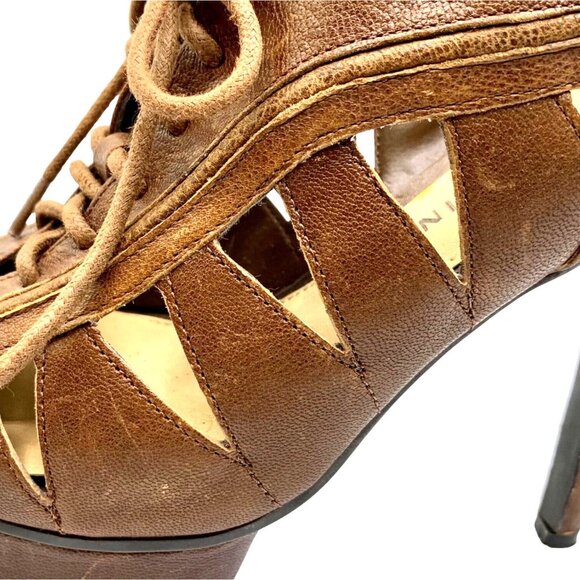 Gianni Bini Caged Booties Lace-Up Boho Open Work Lace Up 6.5 Stiletto Leather - Picture 3 of 9